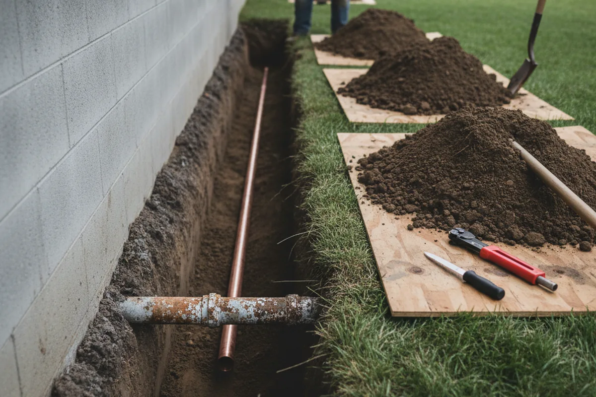 Excavated water line trench during Sewer Line Repair in Princeville